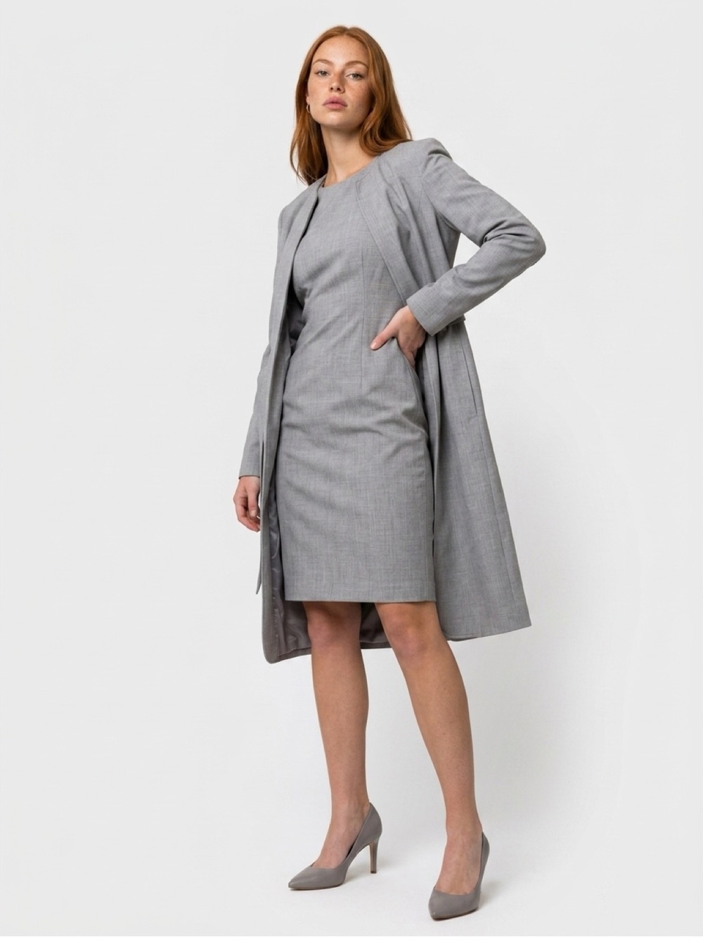 Calvin Klein Light Grey Trench Coat and Sheath Dress Set